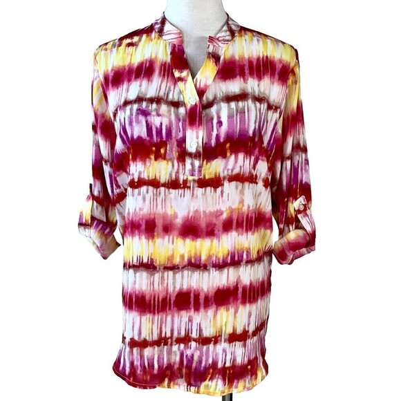 Regnax Blouse Stripe Tie Dye Pink Red Roll Tab Sleeves size Small - Picture 1 of 7